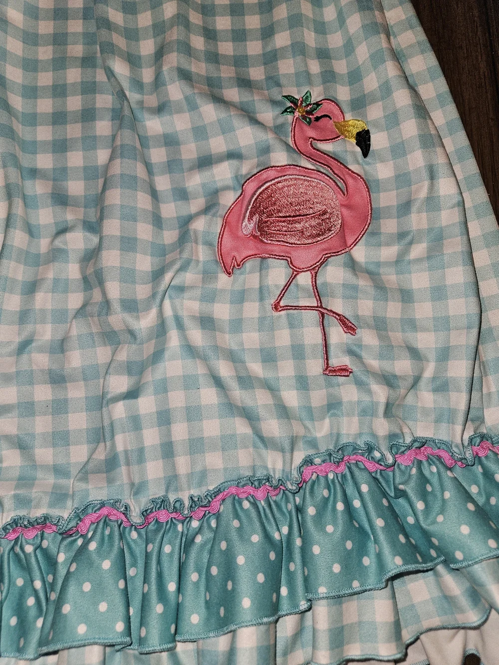 Girls' Teal Gingham Flamingo Nightgown with Pink Trim